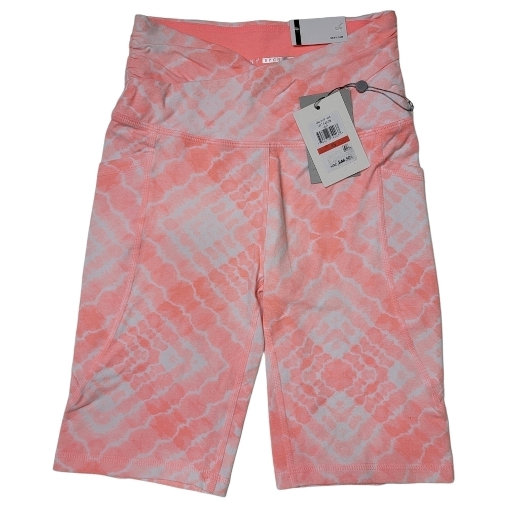 DKNY High Waisted 9 Inch Tie Dye Coral Pink Orange Bike Shorts Side Pockets XS